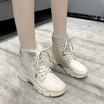 

COOTELILI Womens Ankle Boots Winter Warm Boots With Plush 5cm Heel Round Toe Lace Up And Zip Black Beige Fashion Shoes For Woman