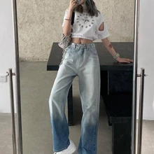 

2021 Summer and Autumn Gradient Jeans New High Waist Slim Straight-leg Pants Plus Size High Street Tie Dye Stiching Denim Pants