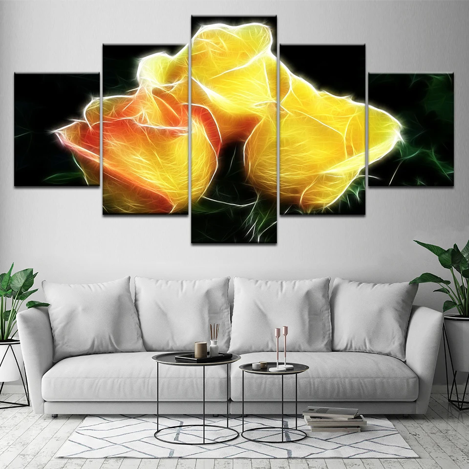 Abstract Yellow Flowers 5 Piece Canvas Wallpapers Modern Poster Modular Art Painting for Living Room Home Decor | Дом и сад