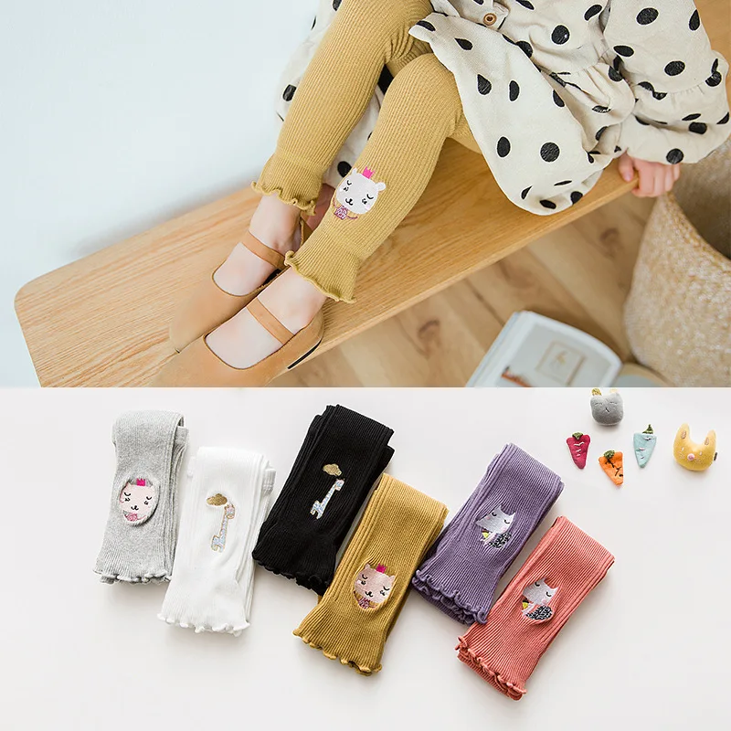 

2018 Spring New Style Children Cotton Double Needles Embroidered Leggings Socks Candy Color Frilled Capri Pants Fashion