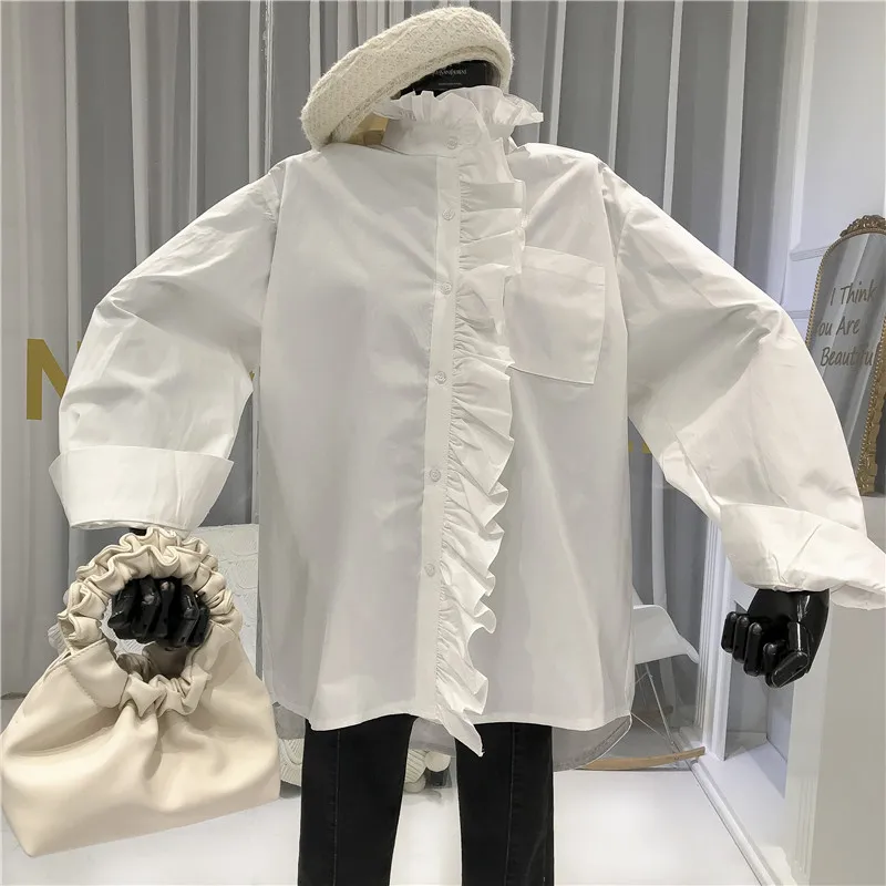 Новинка, Blusas Mujer De Moda, блузка с оборками, Женская Весенняя рубашка с длинным рукавом, Blusas Femininas, Элегантная блузка из смешанного хлопка