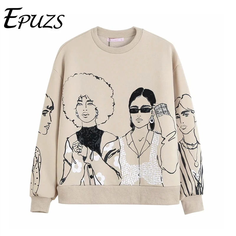 

Spring Women Fashion Beauty Girls Print Sweatshirts women O Neck Knitted Hoodies 2021 women pullover
