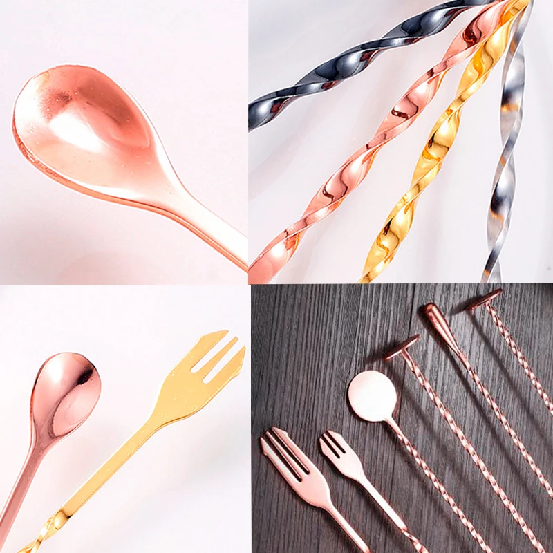 Description Picture 6 of itemStainless Steel Rose Gold Black Sliver Muddler Sticks Spoon Srtainer Ice Cocktail Stick Fruit Bar Tools Wine Tools