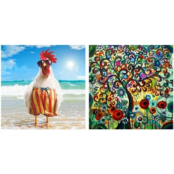 

2 Set 5D Diamond Painting Kit, Diy Diamond Rhinestone Painting Kits - Dream Tree & Cool Rooster