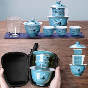 

Creative Portable Blue and White Porcelain Tea Gaiwan Set Chinese Ancient Glaze Jingdezhen Tea Set Han-Painted Crane Teapot Bowl