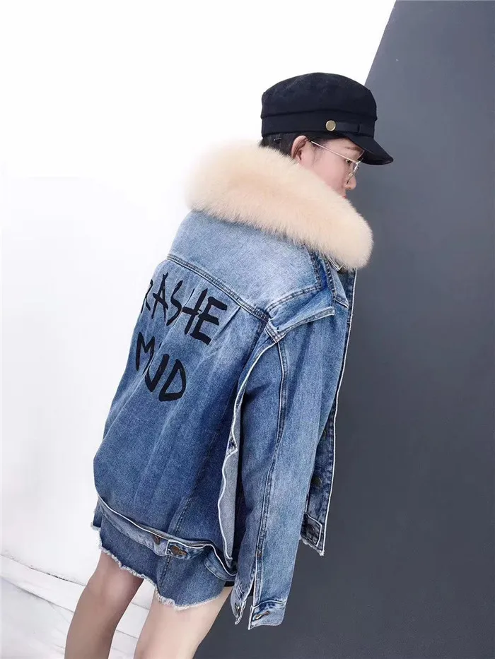 real fur coat Winter Jacket Women Coat Real fox Fur lined denim jacket Parka back letter print