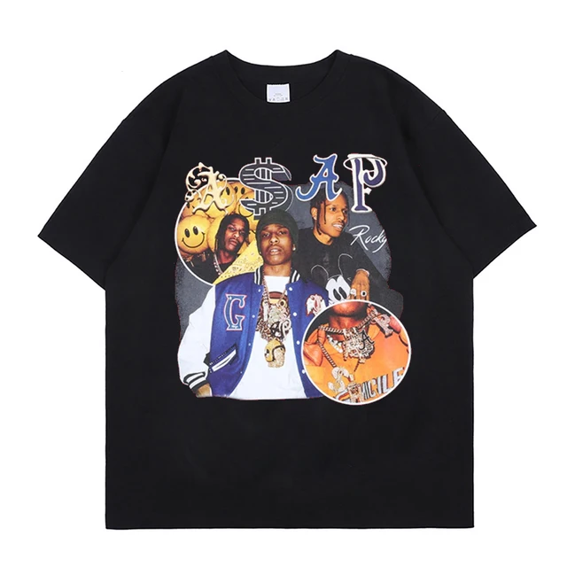Hot Sale ASAP Rocky Portrait Graphic Aesthetics T-shirts Hip Hop Cotton Short Sleeve Loose Couple T-Shirt Casual Harajuku Tshirt Black 9