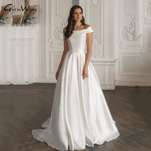 

Modern Chic White Wedding Dress A Line Off The Shoulder Bride Dresses Boat Neck Bridal Gown Draped Vestidos De Novia