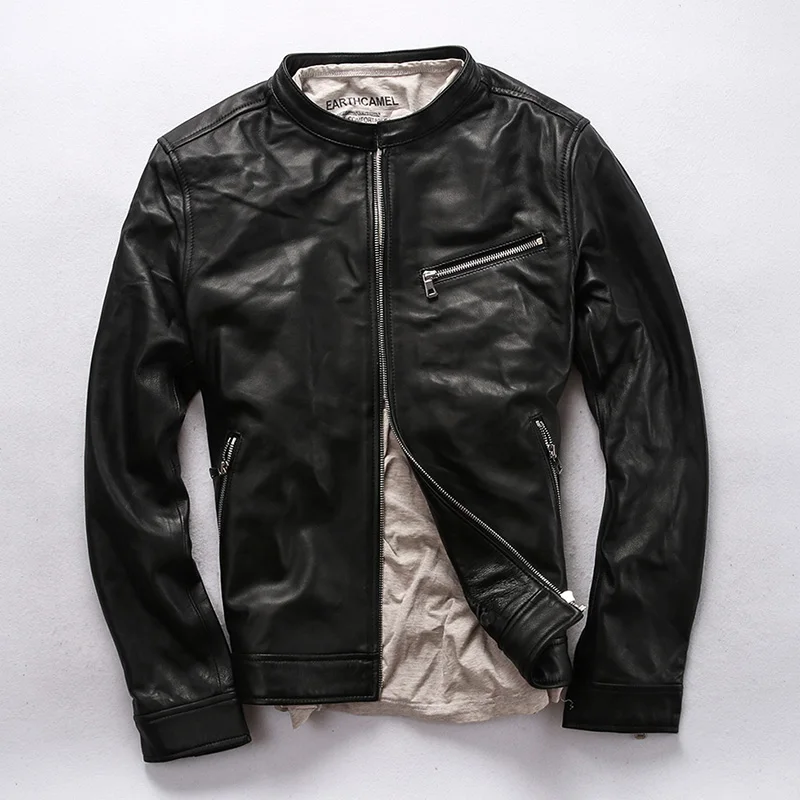 

2019 Men's Autumn Winter Sheepskin Leather Coat Genuine Leather Vintage Stand Collar Black Jacket Large Size Smart Casual Jakcet