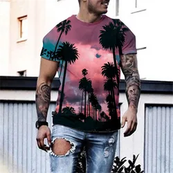 2021 New Men's Short-sleeved T-shirt 3d Printing Landscape Plant Print Slim Pullover Round Neck Short Sleeve