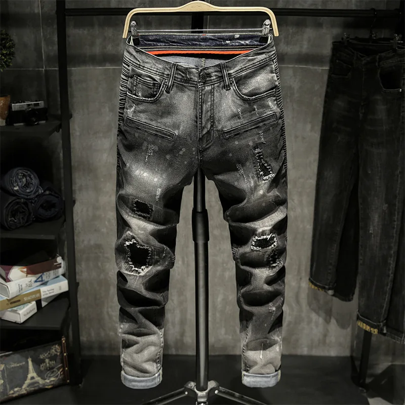 

and American jeans pants men's stitching motorcycle Leggings punk slim elastic jeans fashionable men's casual pants