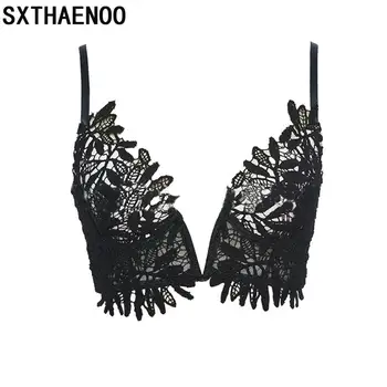 

SXTHAENOO Deep V Neck Lace Up Sexy Black Sleeveless Crop Top Women Lace Tank Top Camis Tops Summer Camisole Clubwear