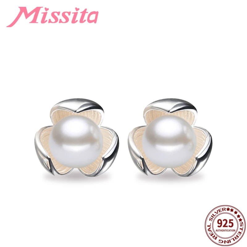

MISSITA 100% 925 Sterling Silver Clover Pearl Stud Earrings for Women Silver Jewelry Brand Wedding Earrings Romantic Gift