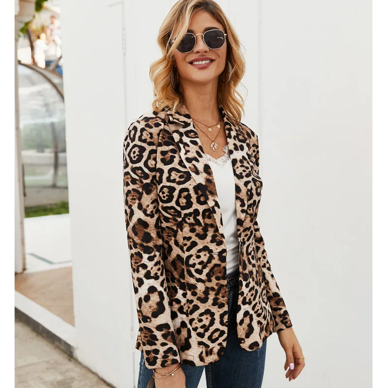Леопардовая Женская Повседневная куртка осень длинный рукав отложной воротник костюм пальто на одной пуговице тонкий формальный Блейзер уличная одежда - Цвет: Черный