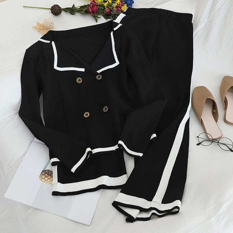 Amolapha Женский вязаный двубортный кардиган с отложным воротником+ широкие штаны комплект одежды из 2 предметов - Цвет: Черный