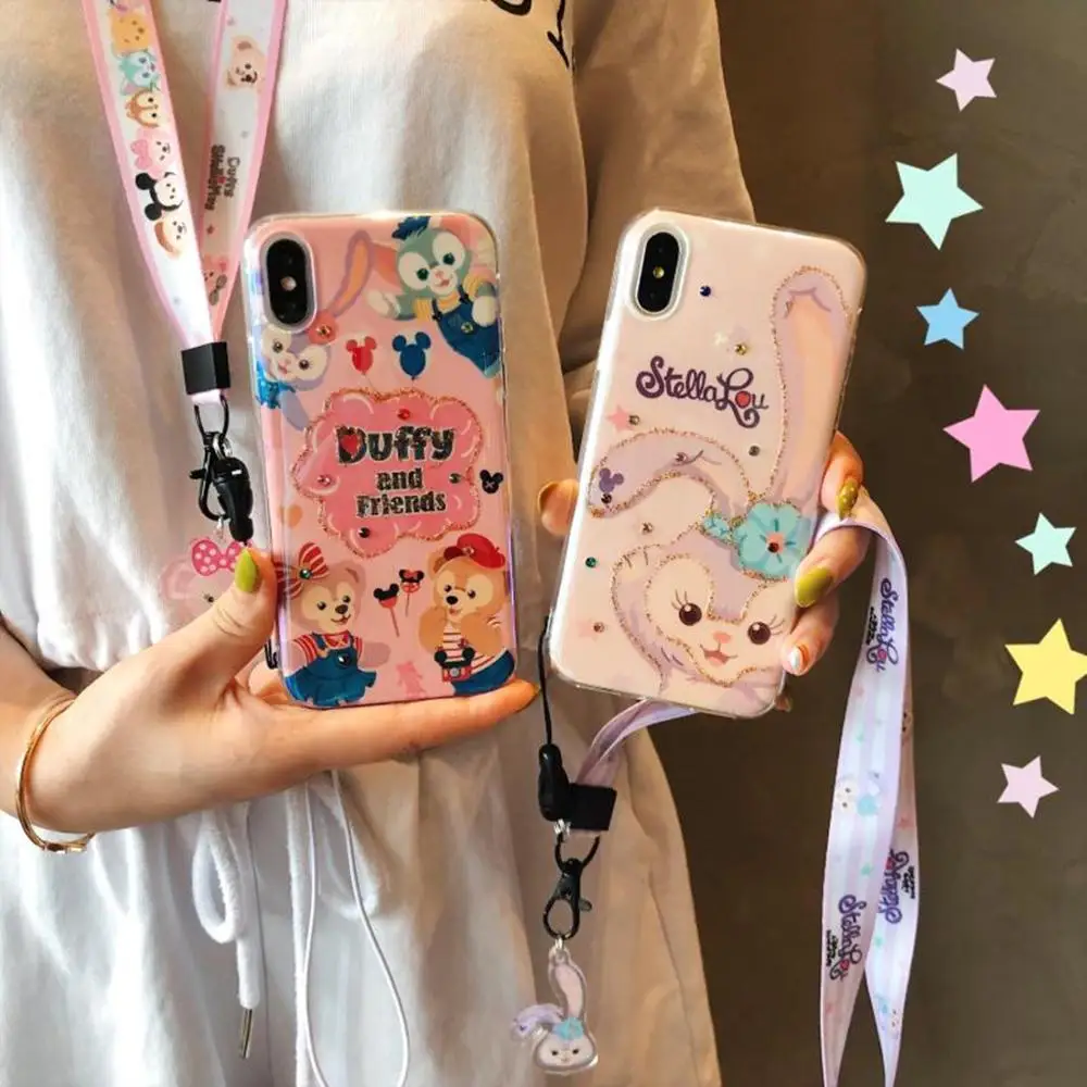 

Blu-ray cute Duffy Bear Ballet Rabbit 3D shiny diamond + lanyard silicone soft cover for iphone MAX XS XR 7 8plus X phone cases