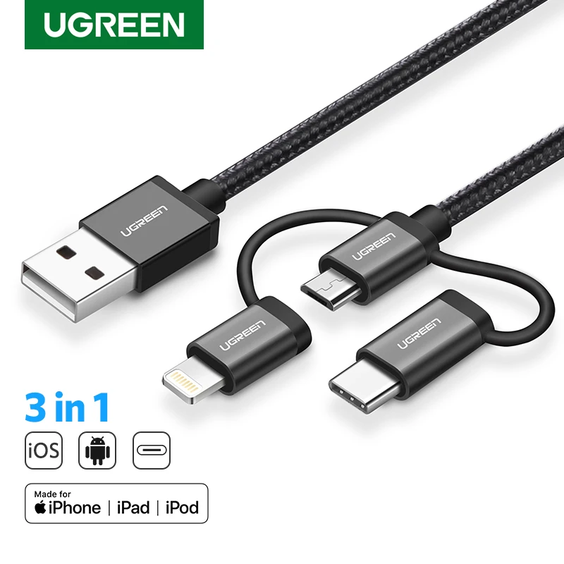  Ugreen MFi Blitz USB Kabel Für iPhone 11 Pro 8 7 3 in 1 3A USB Typ C Schnelle Micro USB Kabel für S