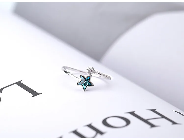 DreamySky Ethnic Style 925 Sterling Silver Crystal Star Rings for Women Bridal Wedding Vintage Open Finger Rings Christmas Gifts
