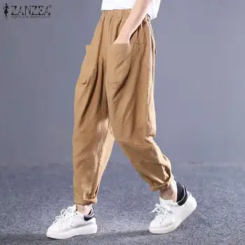 

ZANZEA 2020 Vintage Linen Harem Pants Women's Trousers Casual Elastic Waist Cropped Pants Female Pantalones Mujer Plus Size 5XL