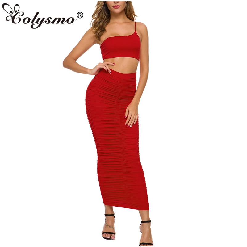 

Colysmo Sexy Party Dress Women 2019 Summer One Shoulder Straps Bodycon Maxi Dress Two Piece Plus Size Slim Fit Ruched Long Dress