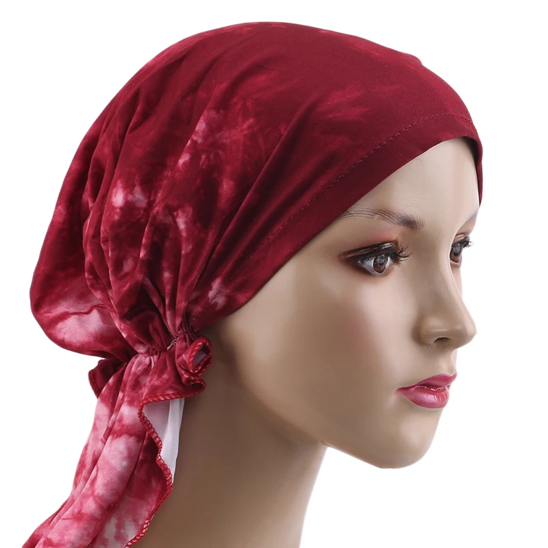 wine red Новое модное сатиновое Для женщин Индия мусульманская Эластичный Тюрбан шляпа тай-дай растягивается Кепки хлопок выпадения волос Головной Платок Обёрточная бумага аксессуары - Цвет: wine red