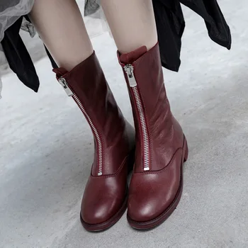 

Chaussures femme new winter shoes women's Motorcycle boots genuine leather zipper decoration handmade mid-calf boots