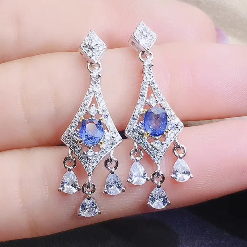 Натуральный настоящий синий сапфир длинные висячие серьги 0.6ct * 2pcs драгоценный