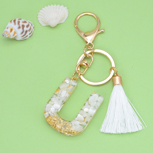 Gold Tassel Alphabet Keychain English Letter Keyring Glitter Gradient Resin Gold Leaf Crafts Car Mirror Handbag Charms