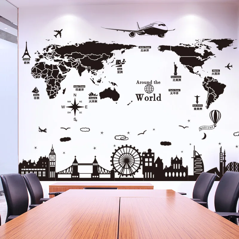 

World Map Wall Stickers for House Living Room Bedroom Dorm Decoration DIY Black Color Buildings Wall Decals