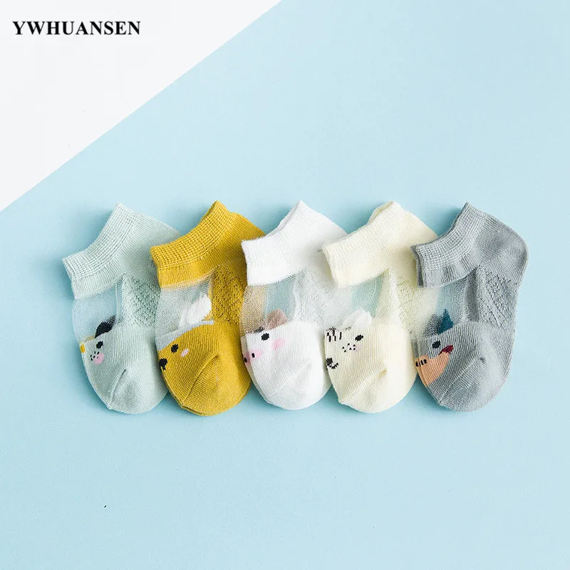 YWHUANSEN, 5 пар/лот, 0-4 года, весенне-летние сетчатые носки для девочек и мальчиков, милые детские носки с животными, тонкий носок, короткие носки для новорожденных