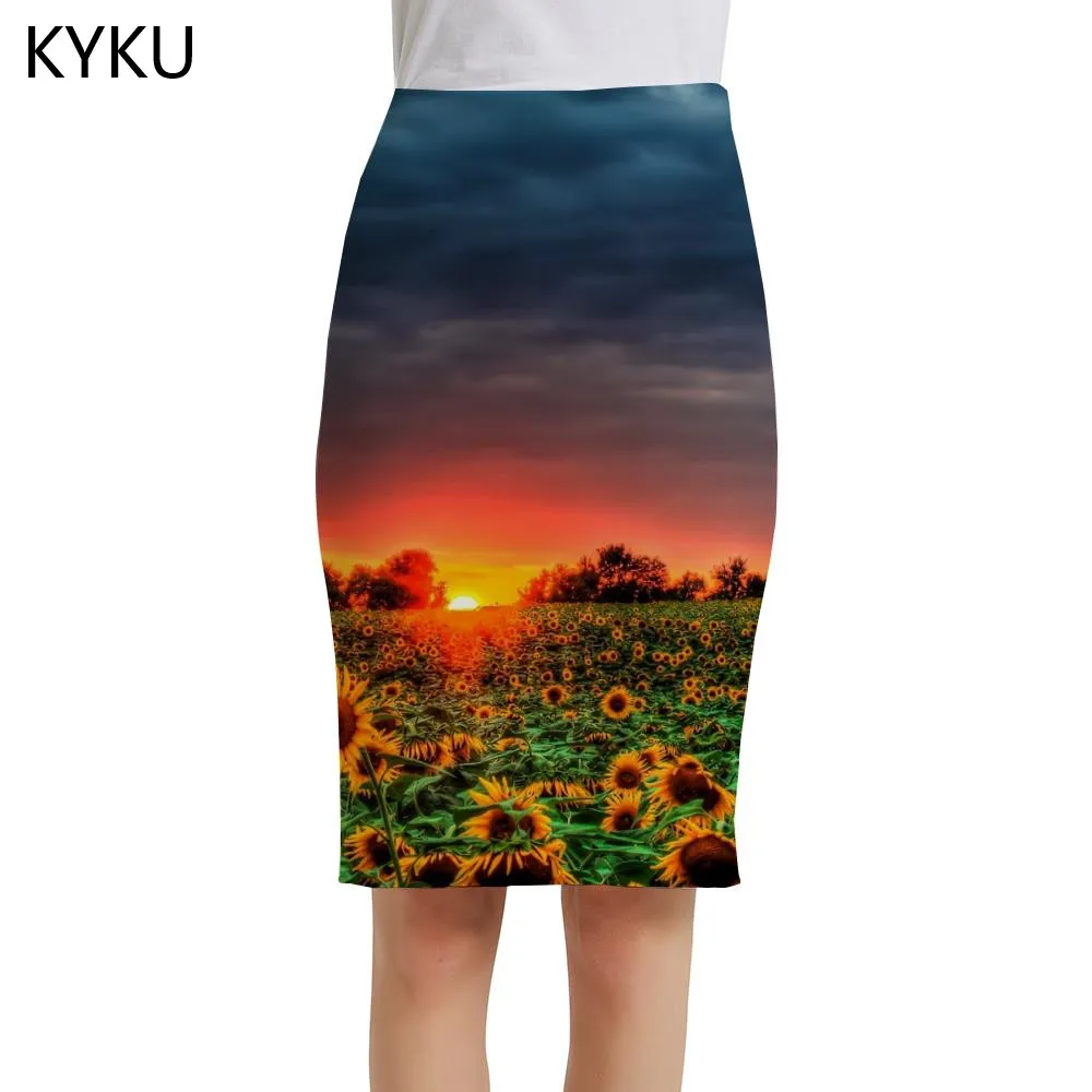 

KYKU Sunflower Skirts Women Cloud Pencil Romantic Elegant Sun 3d Skirt Ladies Skirts Womens Vintage Cool Korean Knee Length