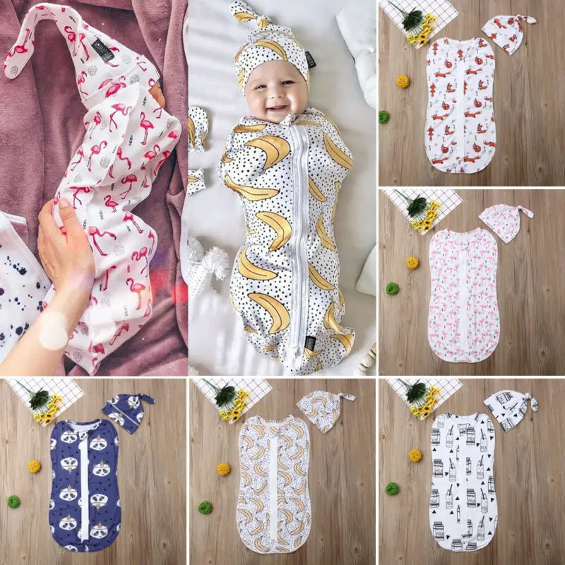 2Pcs Infant Baby Cartoon Printed Blanket Soft Plain Swaddle Muslin Wrap Swaddling Newborn Baby Zipper Cotton Sleeping Bag+Hat