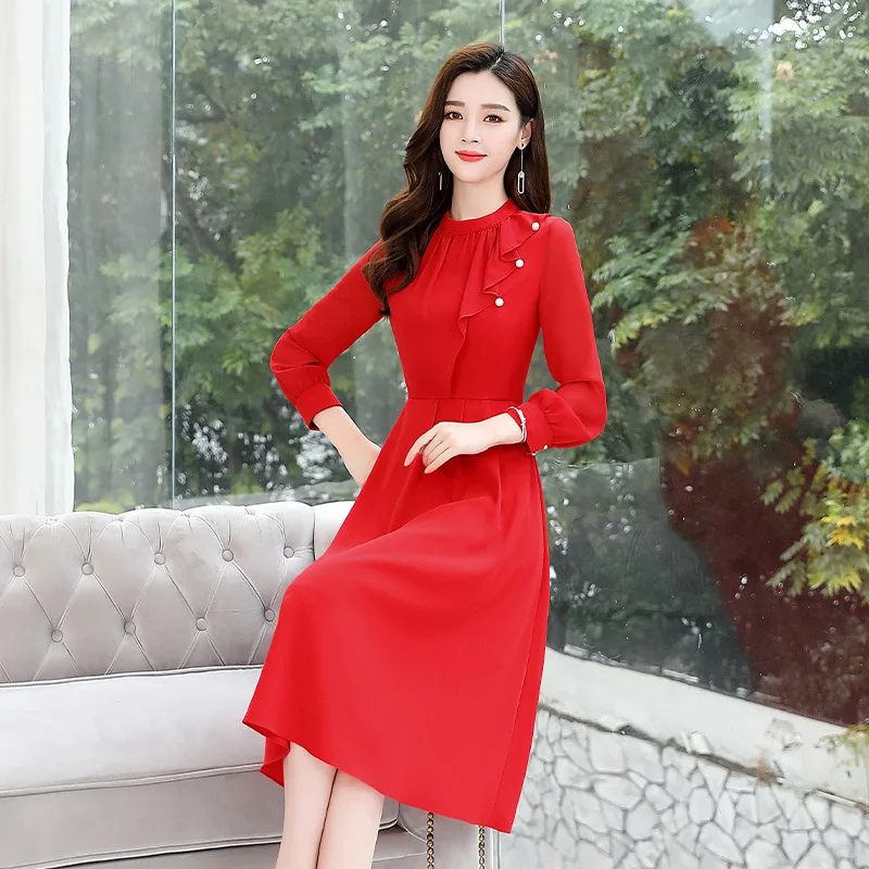 

Red Dress Mid-length 2020 Spring WOMEN'S Dress New Style Elegant Underwear New Year Clothes French Base Skirt