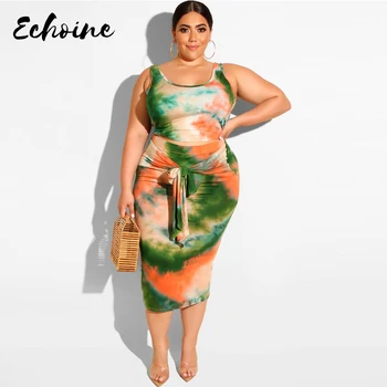 

Echoine Plus Size XL-4XL Women Two Piece Outfits Print Bandage Top Mid-Calf Skirt Sexy Bodycon Suit Casual Women Clothing Summer