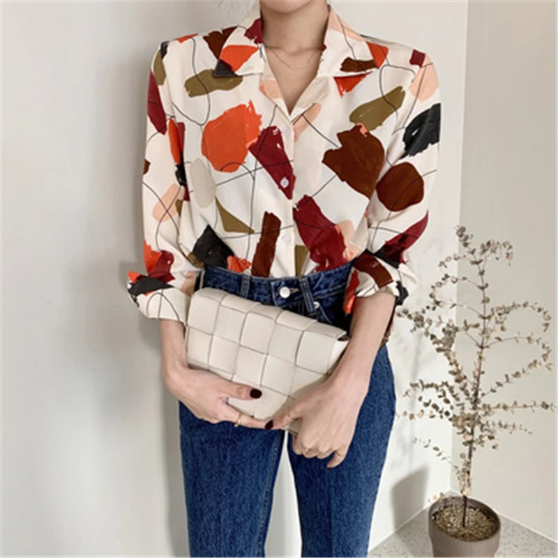 

Women Colorful Print Shirts Spring Autumn Chic Casual Loose Turn-down Collar Single Breasted Office Lady Blouses Female Top