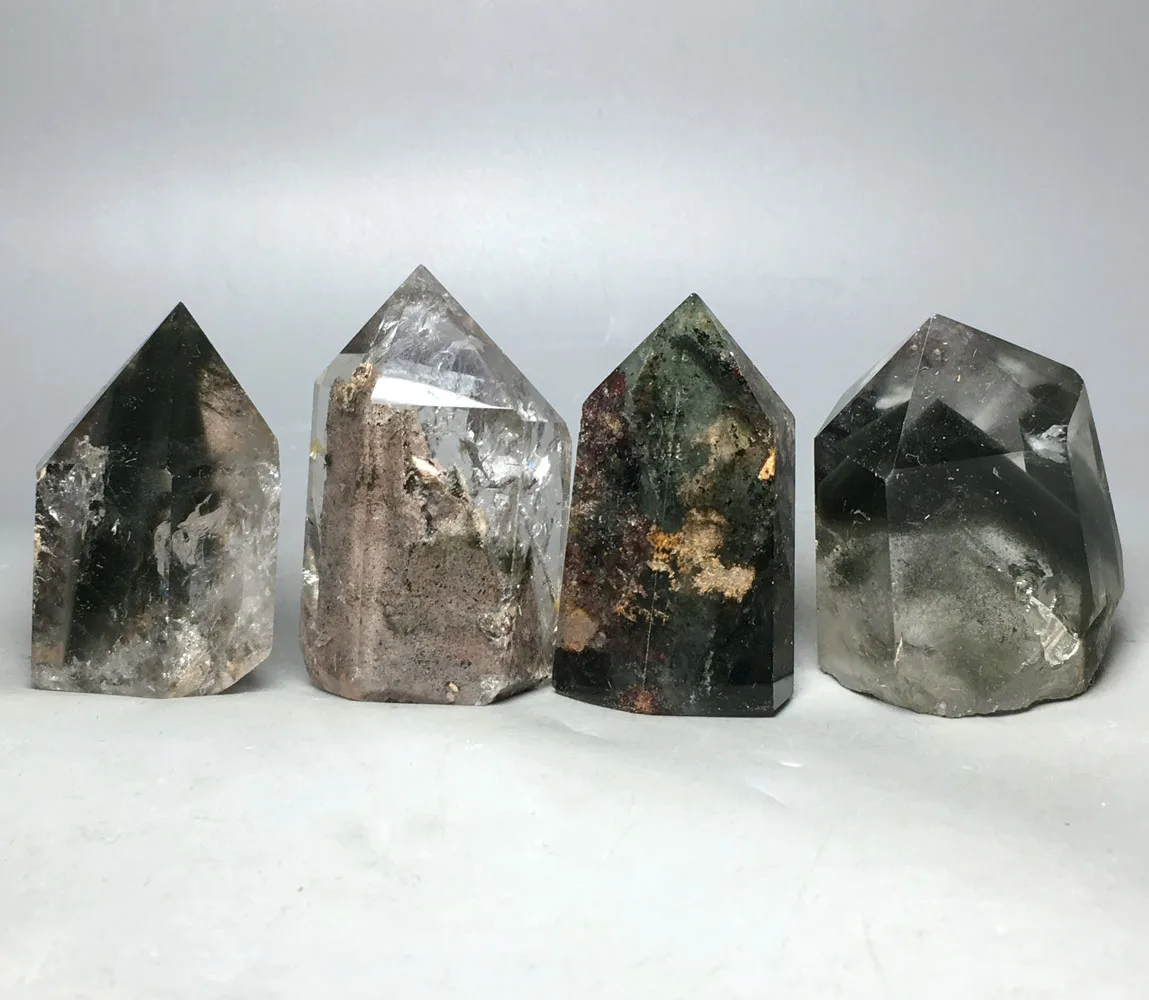 

198g 4pcs Natural Phantom Green Red Ghost QUARTZ Crystal wand Point HEALING fengshui