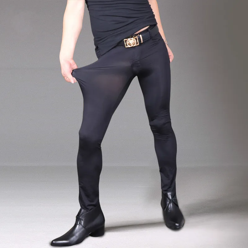 Сексуальные однотонные мужские штаны, ледяной шелк, прозрачные, высокие, эластичные, обтягивающие, длинные брюки, обтягивающие, узкие брюки, Клубная одежда для геев