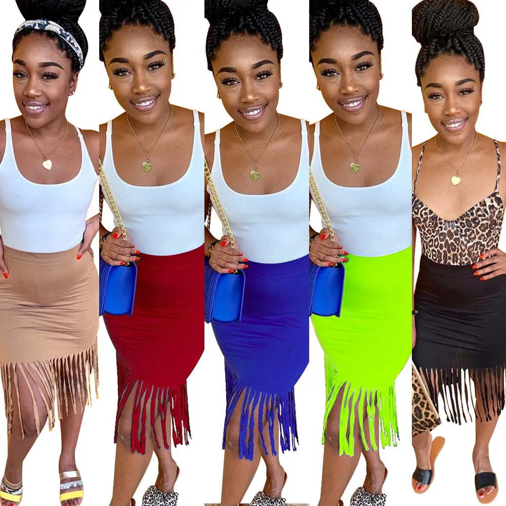 

Summer Autumn Women Skirt Solid Color Bodycon Tassel Bodycon Skirts Plus Size Woman Skirt