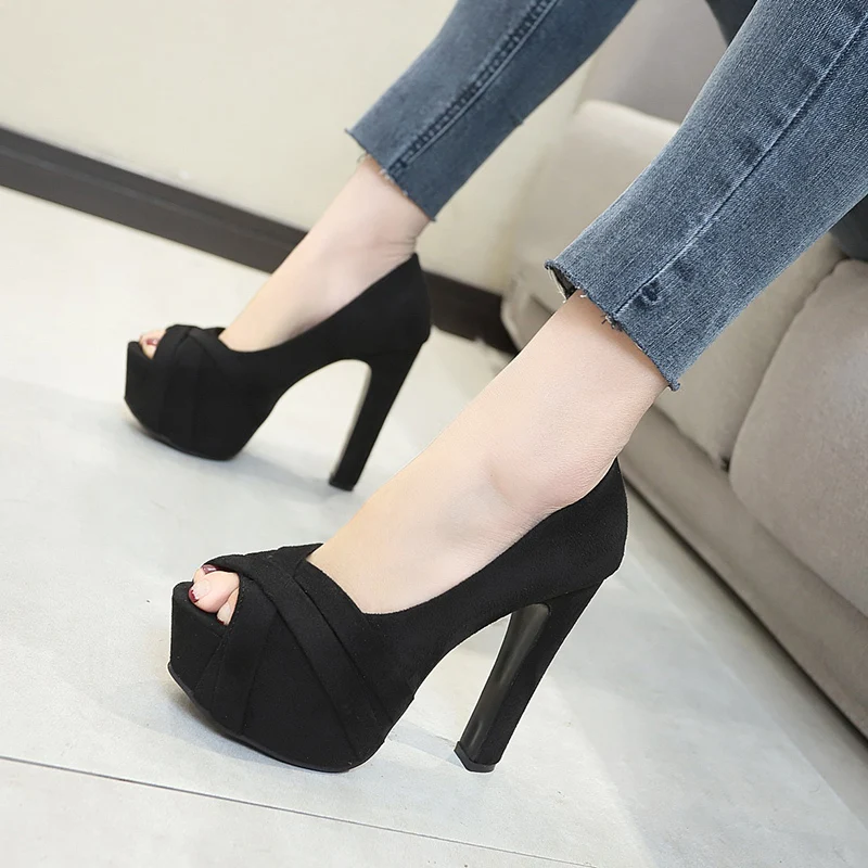 

African Woman Shoe 2020 Platform Heels Velvet Shoes Women Slip Om Chunky Sandals Peep Toe Nude Sexy Pump Shallow Mouth Latest