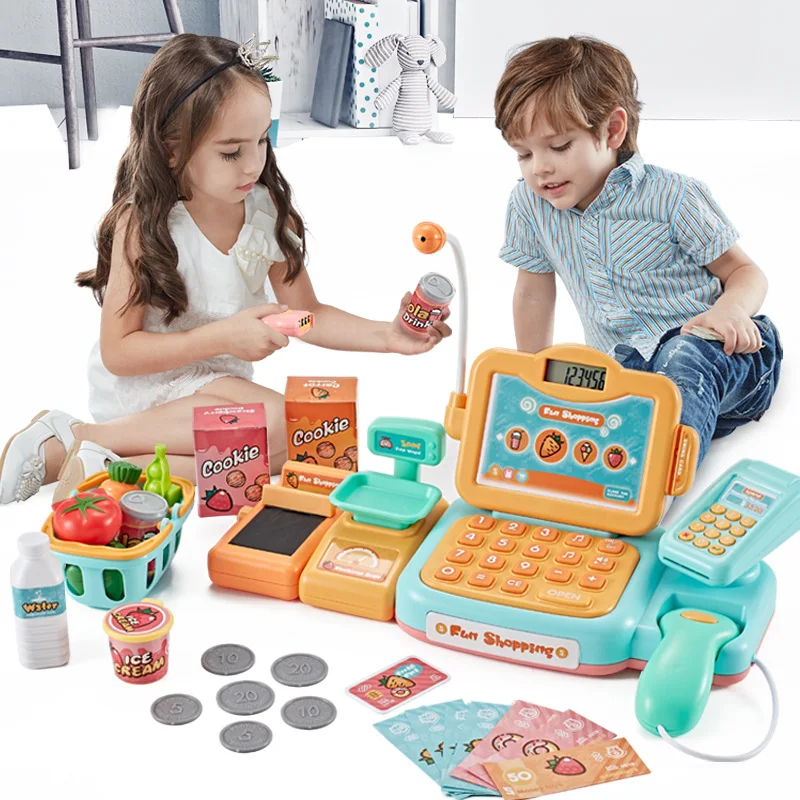  Children Supermarket Cash Register Toy Set Model Cashier Desk Baby Simulation Card Swiping Scanning