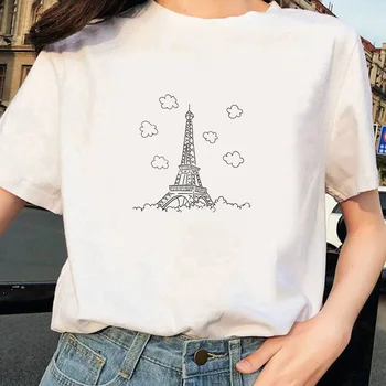 

2020 Women White O-Neck T Shirt Female Paris Eiffel Tower T Shirt Women Flowers Butterfly Summer T-shirt Vintage Vogue TShirt