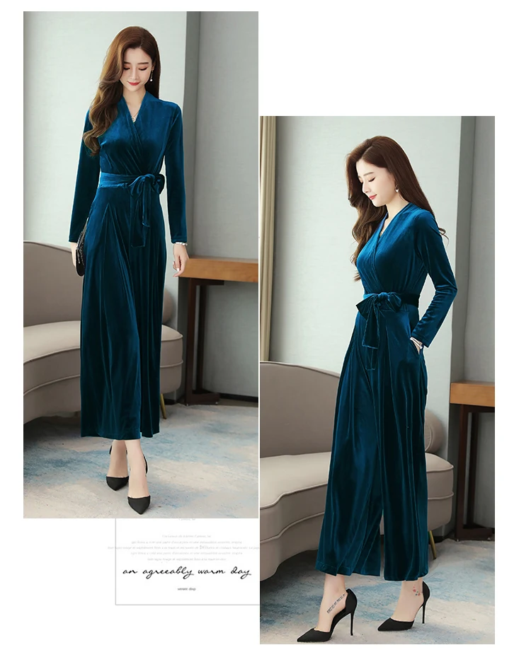 long sleeve velvet jumpsuit women winter Runway elegant black V Neck plus size wide leg sashes maxi floor length romper