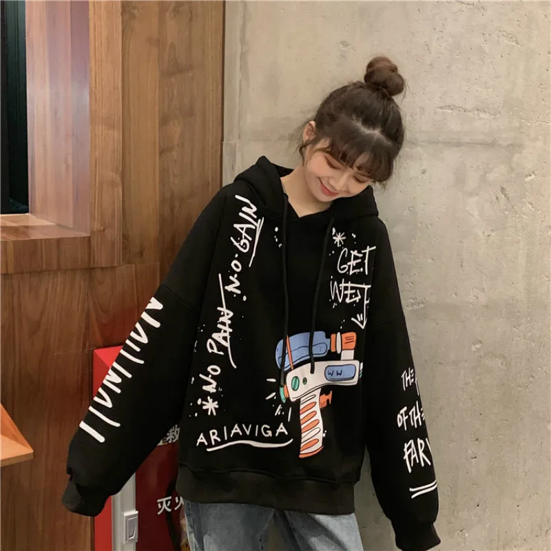 Корейская мода мультфильм печати балахон для женщин Зимний пуловер Harajuku негабаритных с длинным рукавом Толстовка школьницы уличная - Цвет: Черный