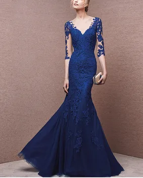 

Royal Blue 2019 Mother Of The Bride Dresses Mermaid V-neck 3/4 Sleeves Tulle Appliques Long Groom Mother Dresses For Weddings