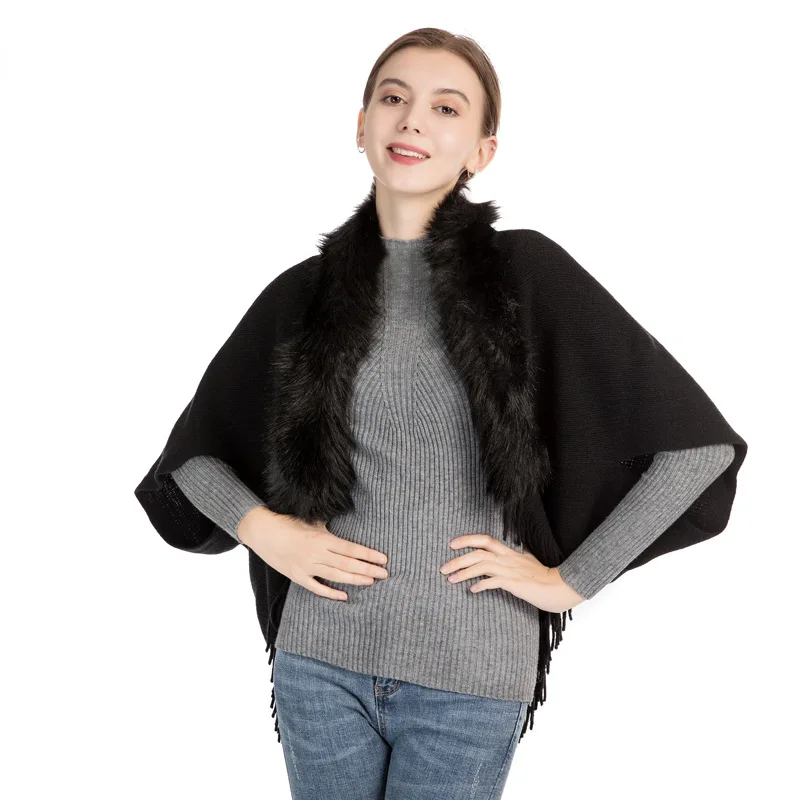 OMEA Fur Collar Poncho Women Winter Knitted Pullover Poncho with Tassel Women Shawl Solid Color Female Ponchos and Capes Ladies - Цвет: Black