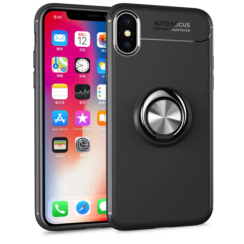 Для iphone 6 6s 7 8 7p 8p x xs xr xsmax чехол бизнес с кольцом на палец магнетизм держатель телефона задняя крышка силиконовый, мягкий, телефонный чехол - Цвет: Черный