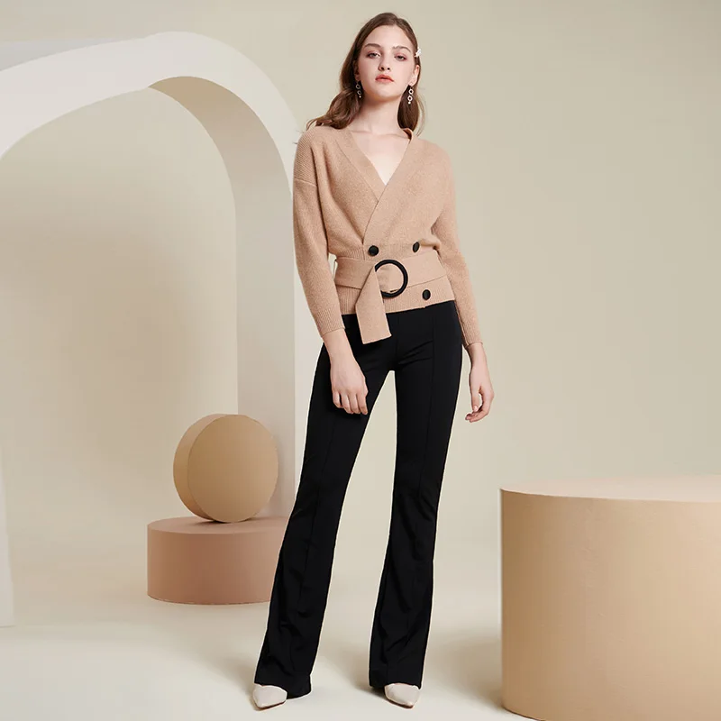 Elegant V-neck Buttons Sash Women Khaki Cardigan Sweater Autumn Winter Female Cardigan Coat Casual Ladies Knitwear Jumper Coat