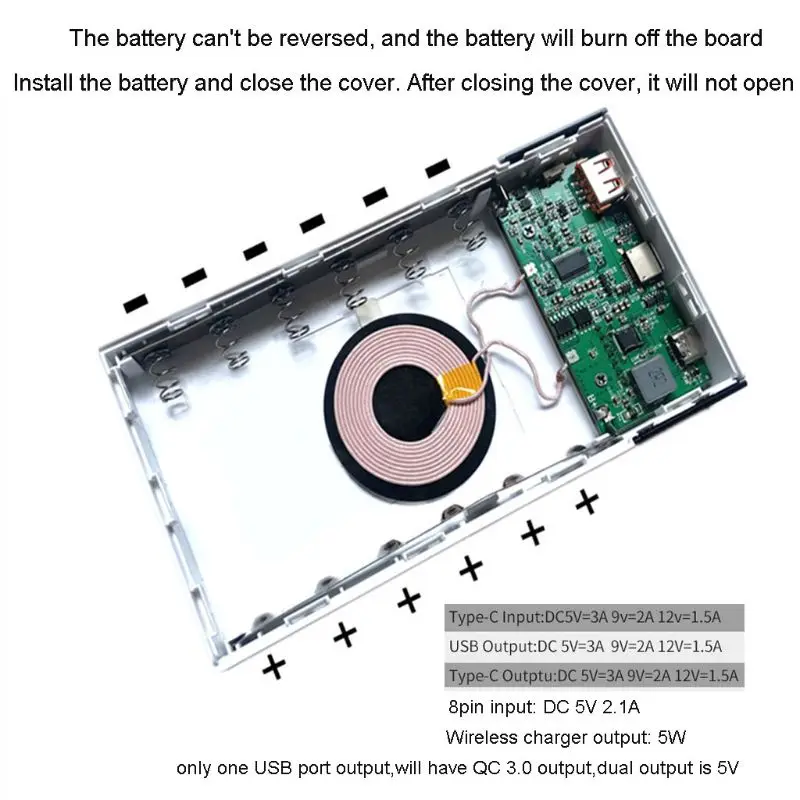6x18650 аккумулятор DIY Qi Беспроводное зарядное устройство QC3.0 usb type C PD Внешний Аккумулятор Чехол