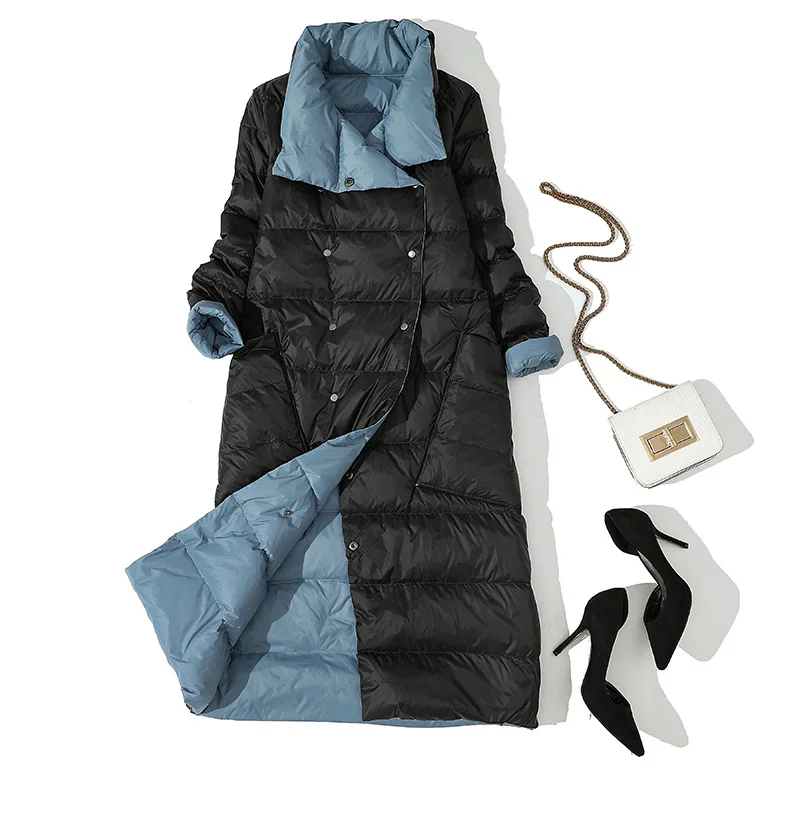 LUZUZI, Женский Двухсторонний пуховик, длинная куртка, зимняя водолазка, белый утиный пух, пальто, двубортный, теплый, парка, зимняя верхняя одежда