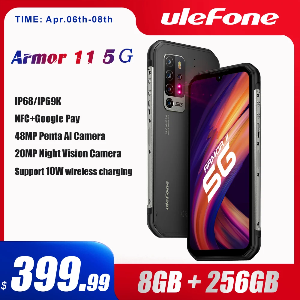 Ulefone-teléfono inteligente Armor 11 5G, móvil resistente, Android 10, 256GB + 8GB, resistente al agua, 48MP, NFC, carga inalámbrica